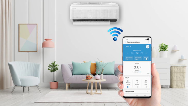 SmartThings giúp điều khiển máy lạnh từ xa và tối ưu hoạt động bằng AI thông minh.
