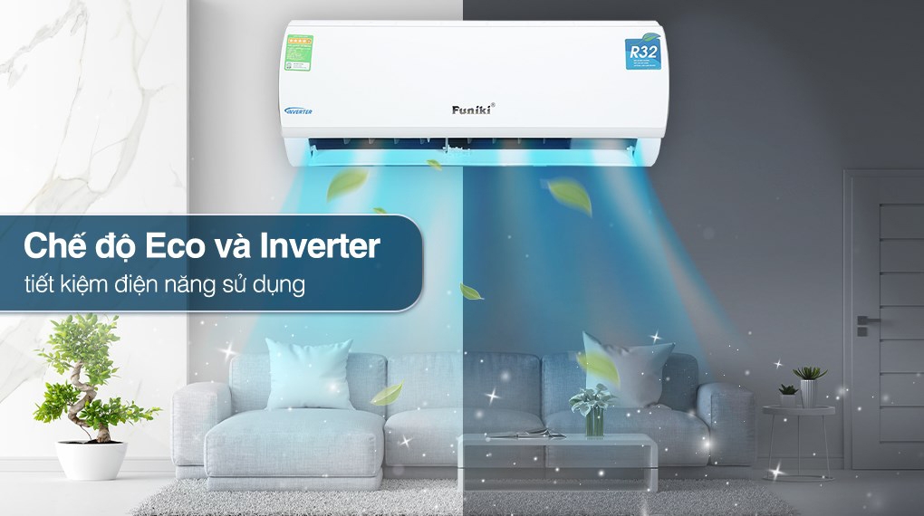 Máy lạnh Funiki nổi bật với công nghệ Inverter và chế độ Eco giúp tiết kiệm điện hiệu quả.